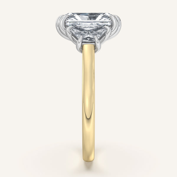 Radiant Cut Three Stone Trapezoid Engagement Ring | 18k Two Tone
