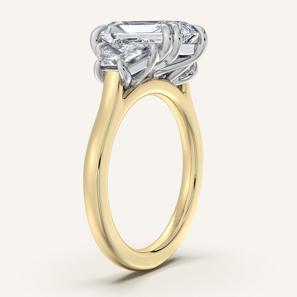 Radiant Cut Three Stone Trapezoid Engagement Ring | 18k Two Tone
