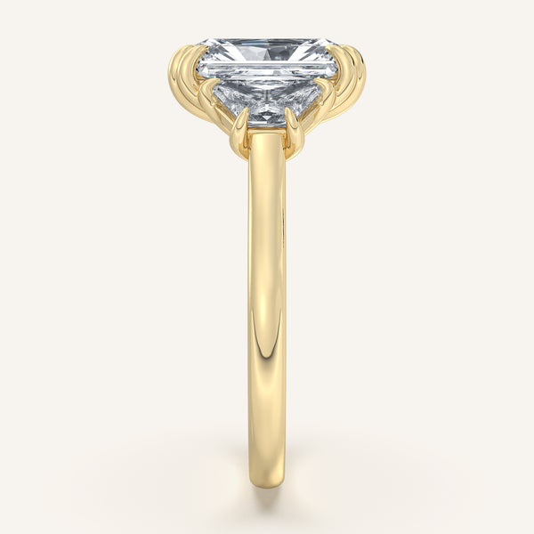 Radiant Cut Three Stone Trapezoid Engagement Ring | 18k Yellow Gold