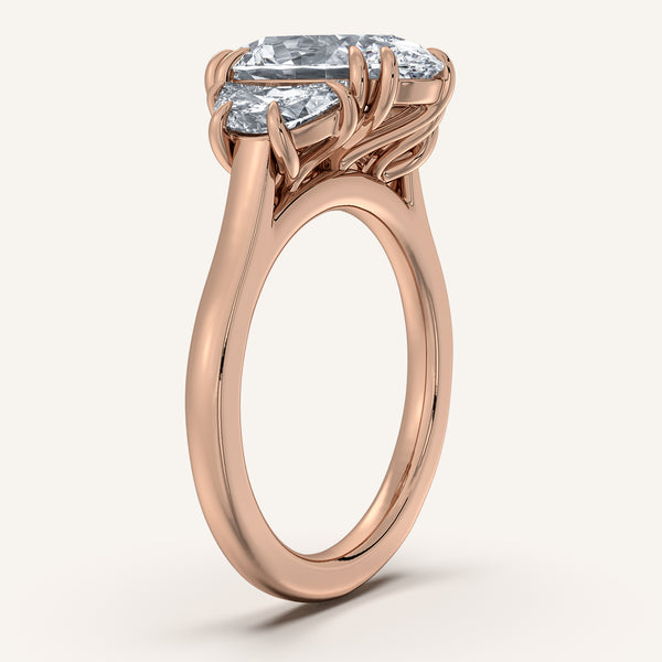 Oval Three Stone Cresent Engagement Ring | 14k Rose Gold