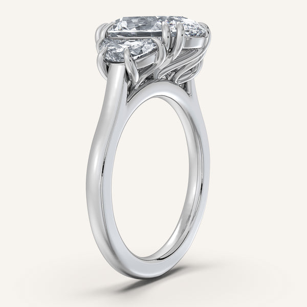 Oval Three Stone Cresent Engagement Ring | 14k White Gold