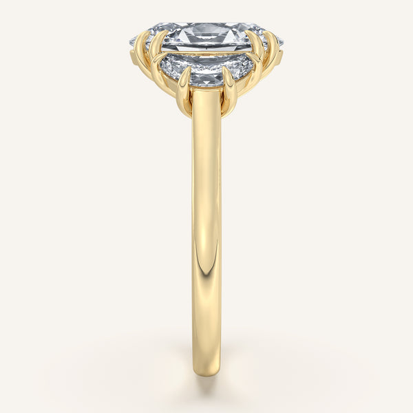 Oval Three Stone Cresent Engagement Ring | 18k Yellow Gold