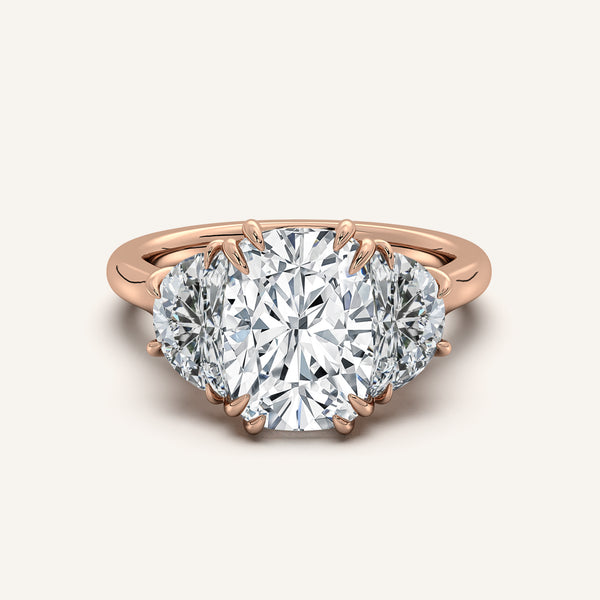 Cushion Cut Three Stone Halfmoon Engagement Ring | 14k Rose Gold