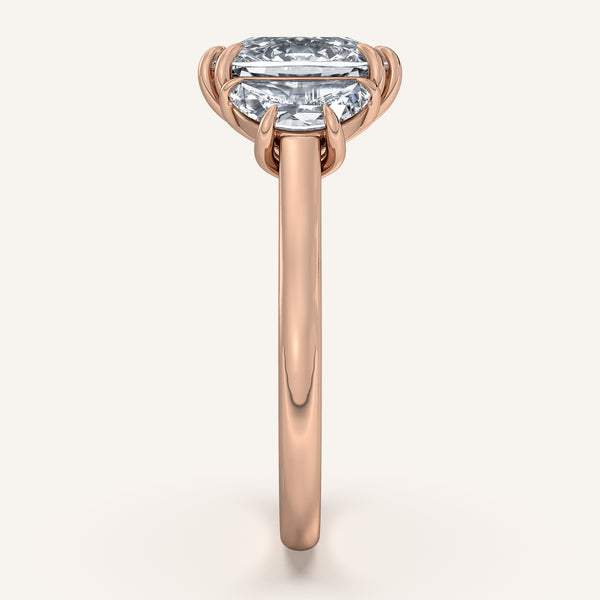 Cushion Cut Three Stone Halfmoon Engagement Ring | 14k Rose Gold
