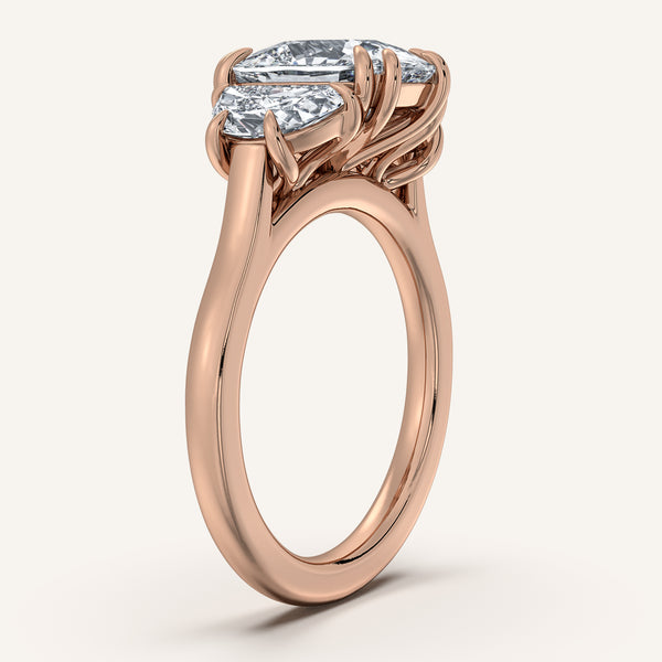 Cushion Cut Three Stone Halfmoon Engagement Ring | 18k Rose Gold