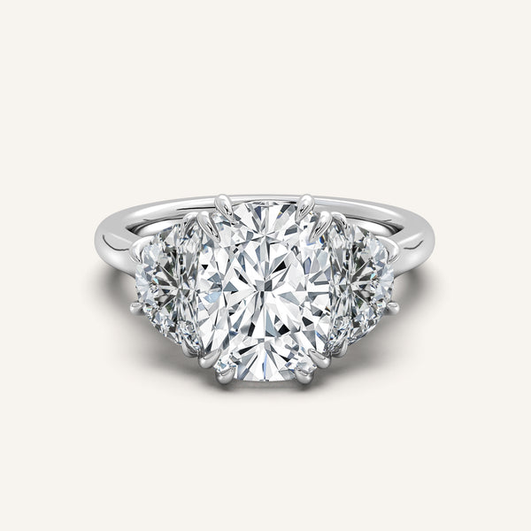 Cushion Cut Three Stone Halfmoon Engagement Ring | 14k White Gold