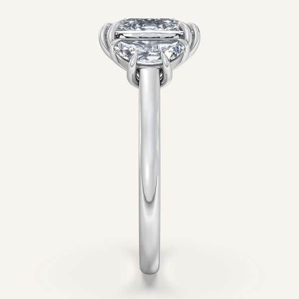 Cushion Cut Three Stone Halfmoon Engagement Ring | 14k White Gold