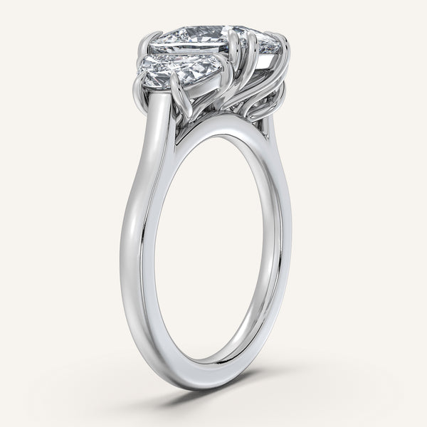 Cushion Cut Three Stone Halfmoon Engagement Ring | Platinum