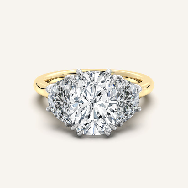Cushion Cut Three Stone Halfmoon Engagement Ring | 18k Two Tone