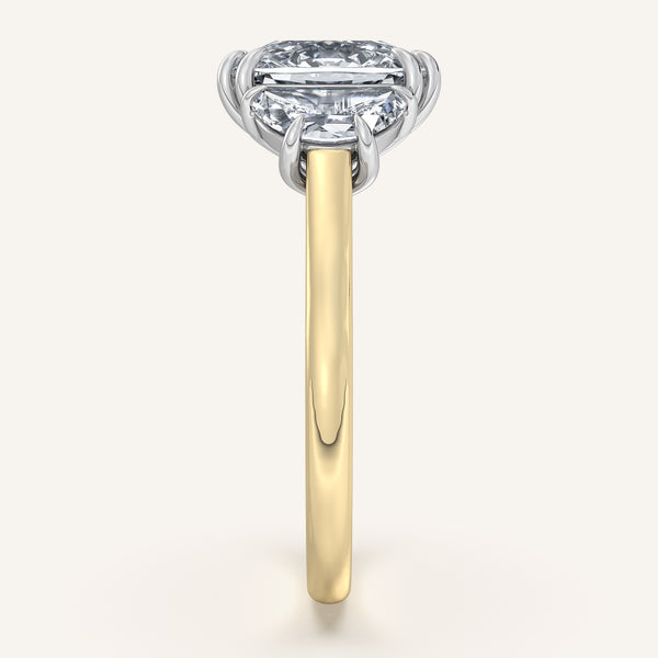 Cushion Cut Three Stone Halfmoon Engagement Ring | 18k Two Tone