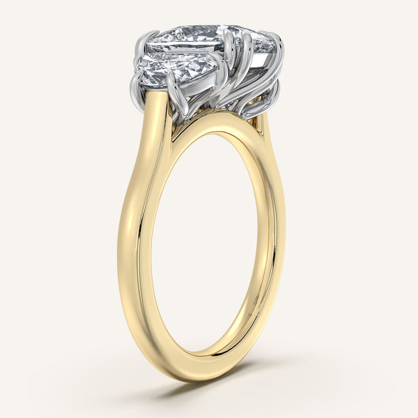 Cushion Cut Three Stone Halfmoon Engagement Ring | 14k Two Tone