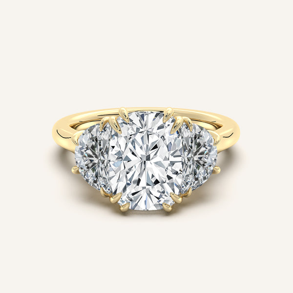 Cushion Cut Three Stone Halfmoon Engagement Ring | 14k Yellow Gold