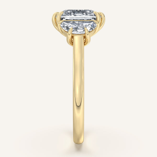 Cushion Cut Three Stone Halfmoon Engagement Ring | 14k Yellow Gold