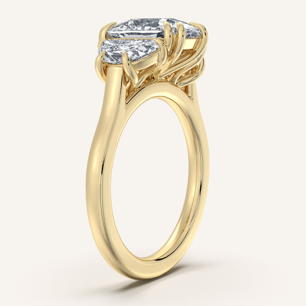 Cushion Cut Three Stone Halfmoon Engagement Ring | 14k Yellow Gold