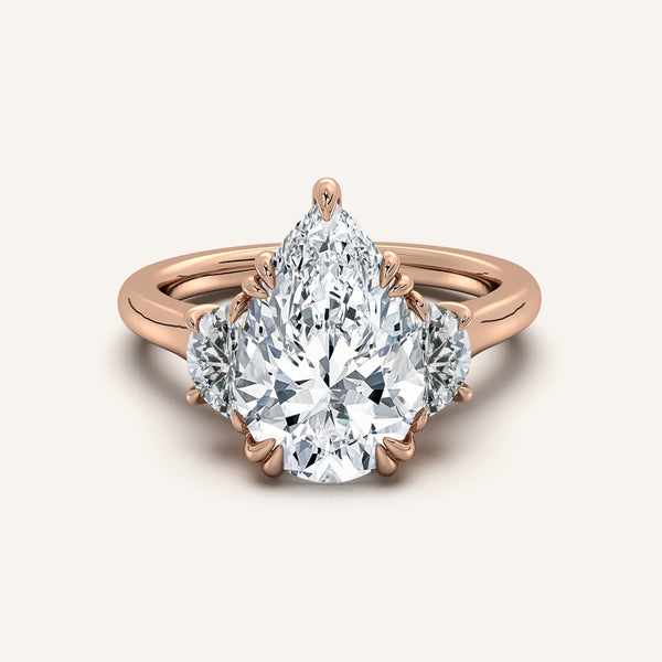 Pear Shape Three Stone Halfmoon Engagement Ring | 18k Rose Gold