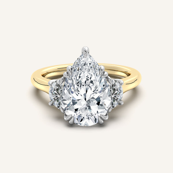 Pear Shape Three Stone Halfmoon Engagement Ring | 18k Two Tone