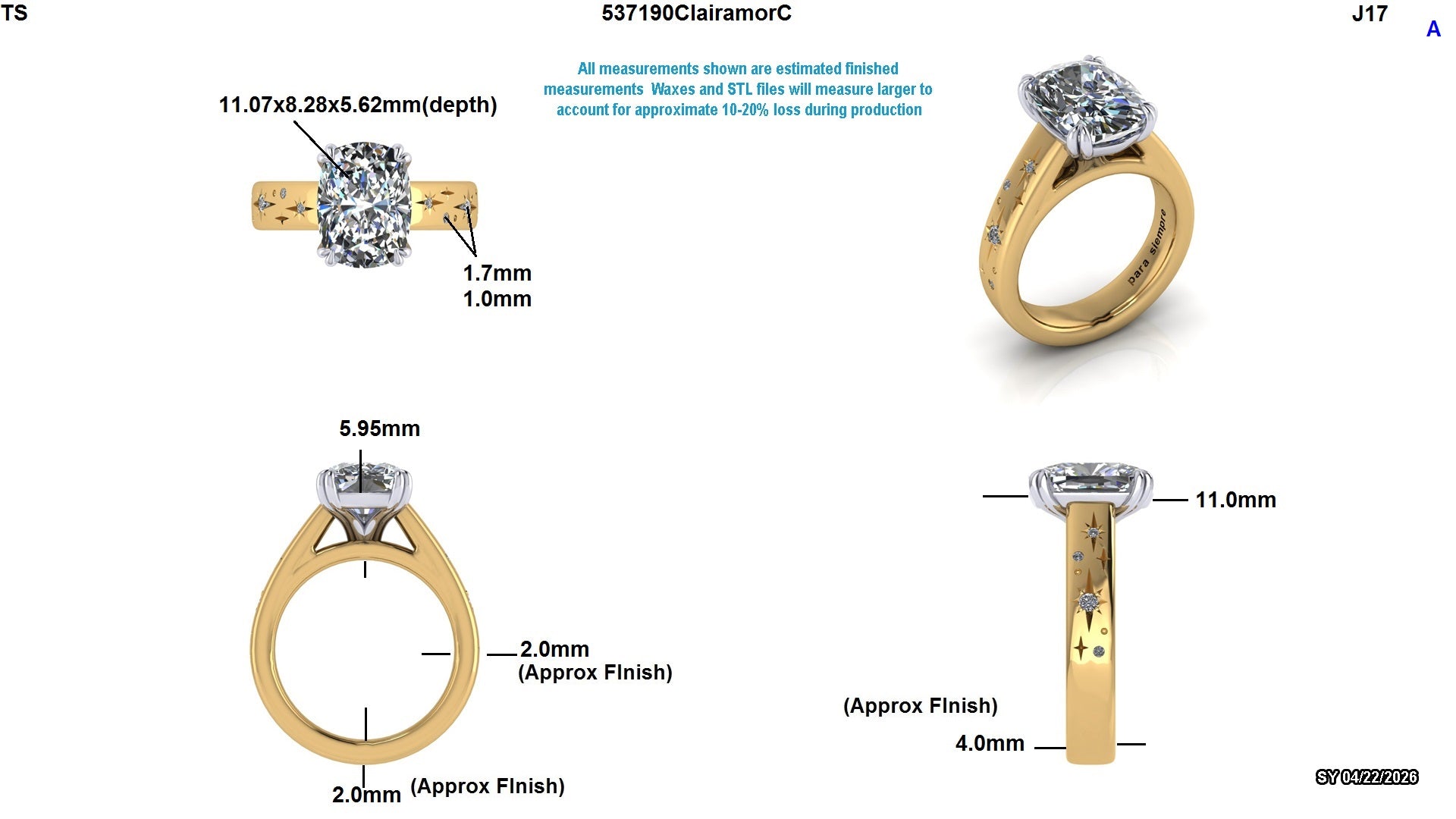 Lab-grown diamond engagement ring with cushion cut stone, gold band, and detailed measurements for ethical, sustainable jewelry.