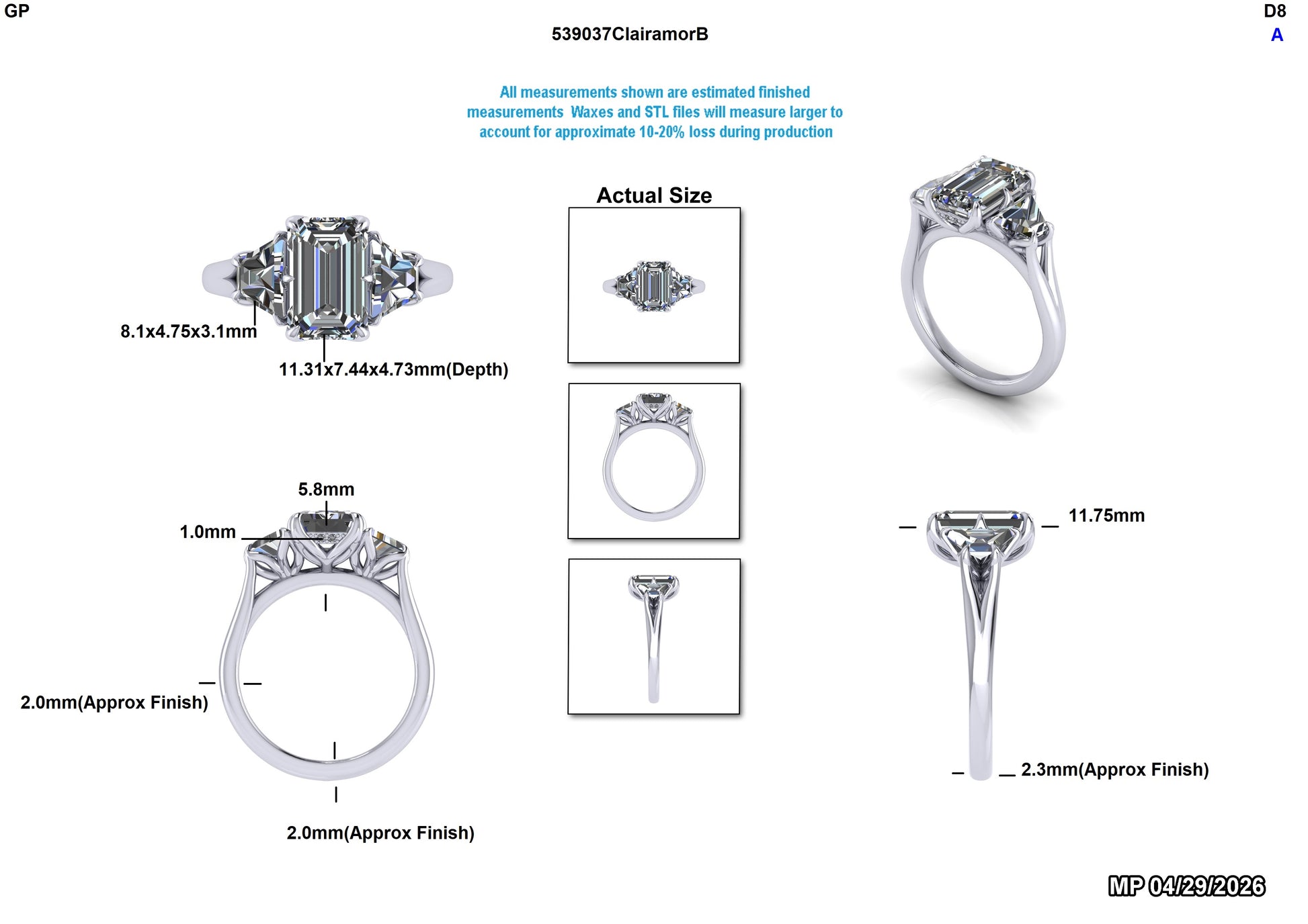 Lab-grown diamond engagement ring with emerald cut center stone and side accents, detailed dimensions shown