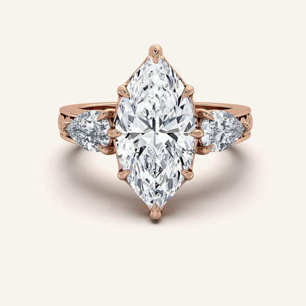 Marquise Engraved Three Stone Ring | 14k Rose Gold