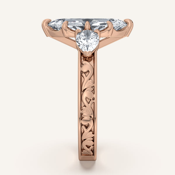 Marquise Engraved Three Stone Ring | 18k Rose Gold