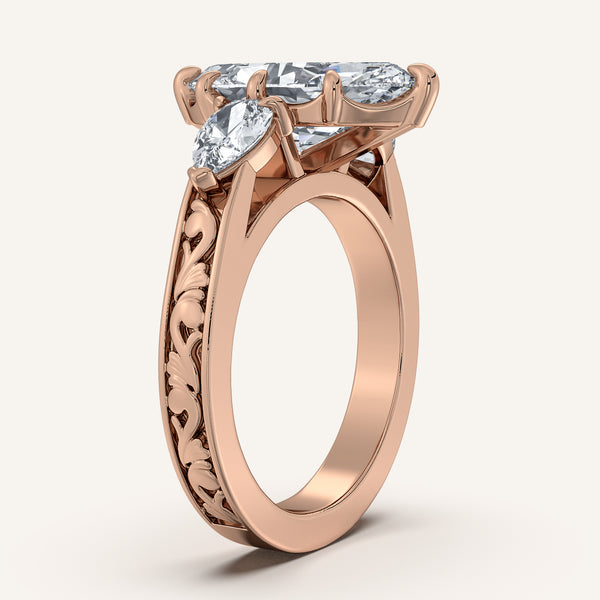 Marquise Engraved Three Stone Ring | 14k Rose Gold