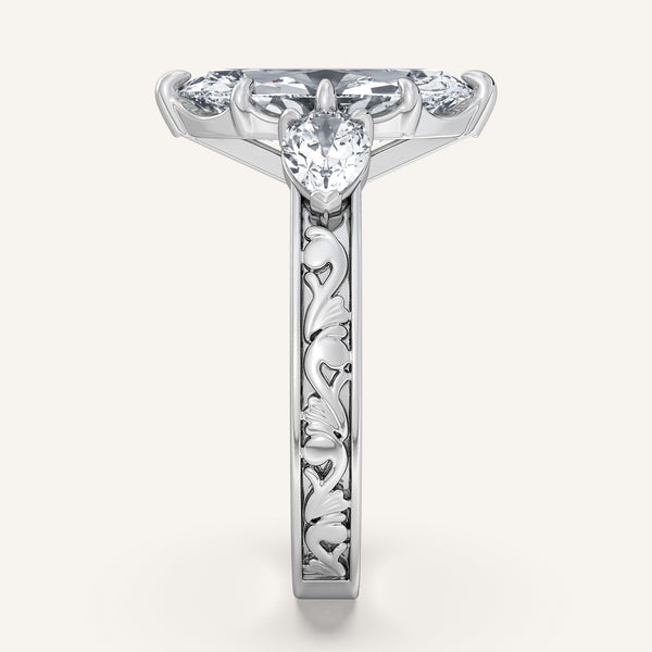 Marquise Engraved Three Stone Ring | 18k White Gold
