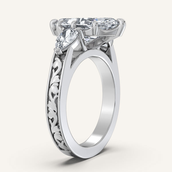 Marquise Engraved Three Stone Ring | 14k White Gold