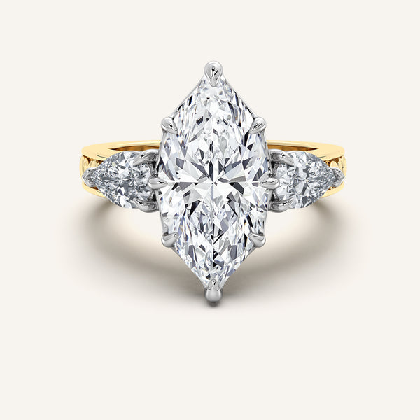 Marquise Engraved Three Stone Ring | 18k Two Tone Gold