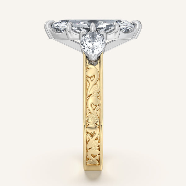 Marquise Engraved Three Stone Ring | 18k Two Tone Gold