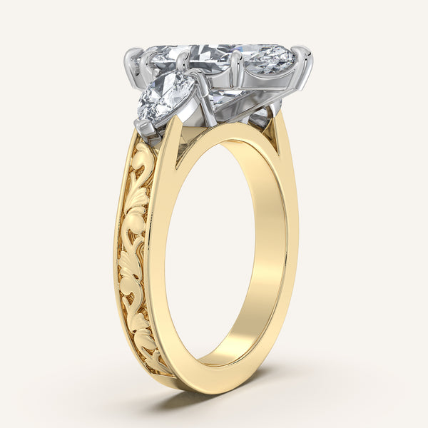 Marquise Engraved Three Stone Ring | 18k Two Tone Gold