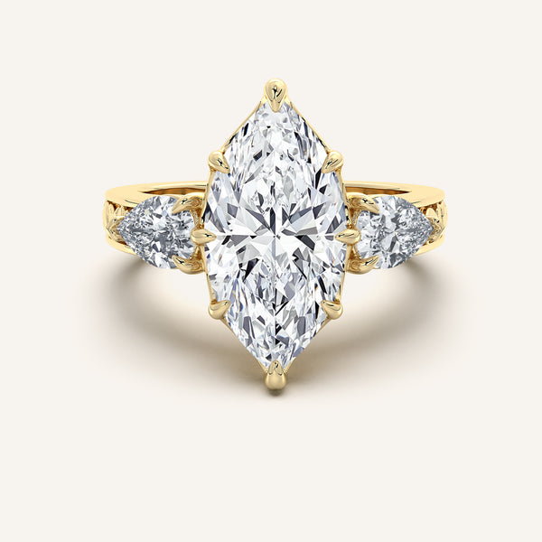 Marquise Engraved Three Stone Ring | 18k Yellow Gold