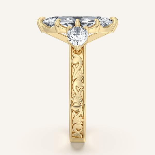 Marquise Engraved Three Stone Ring | 18k Yellow Gold