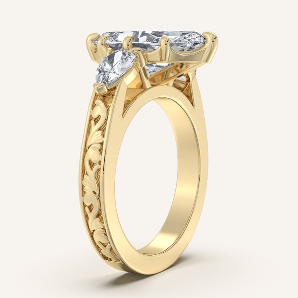 Marquise Engraved Three Stone Ring | 18k Yellow Gold