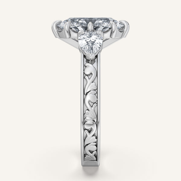 Oval Engraved Three Stone Ring | 18k White Gold