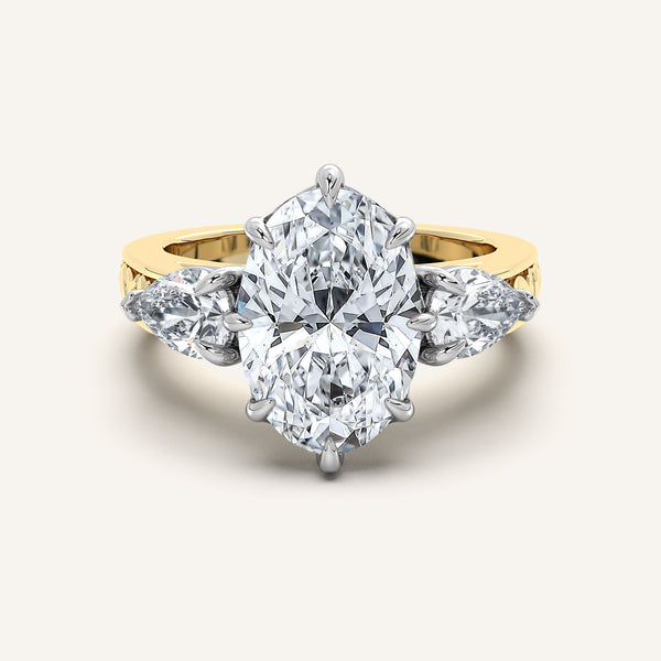 Oval Engraved Three Stone Ring | 14k Two Tone Gold