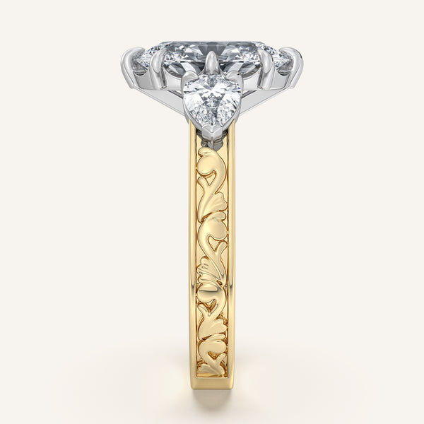 Oval Engraved Three Stone Ring | 18k Two Tone Gold