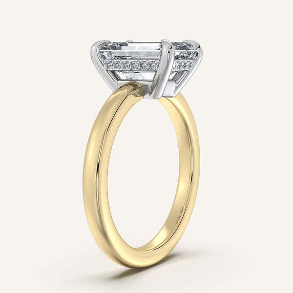 Emerald Cut Low Profile Hidden Halo Ring | 18k Two Tone Gold