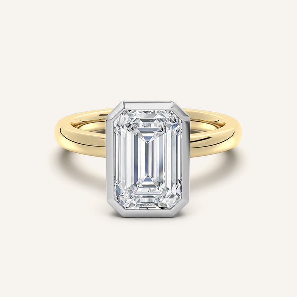 Emerald Cut Bezel Set Engagement Ring | 18k Two Tone