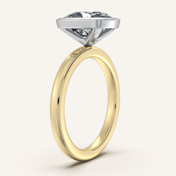 Cushion Cut Bezel Set Engagement Ring | 18k Two Tone