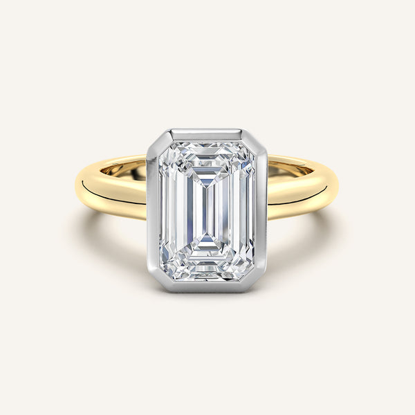 Emerald Cut Low Profile Bezel Ring | 14k Two Tone Gold