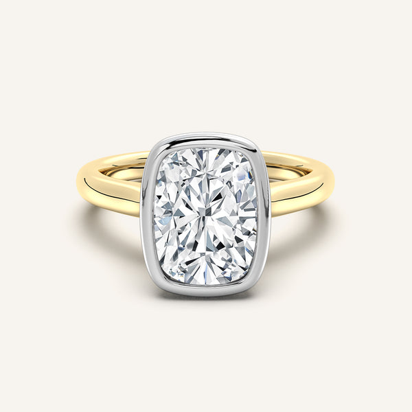 Cushion Cut Tulip Bezel Engagement Ring | 14k Two Tone Gold