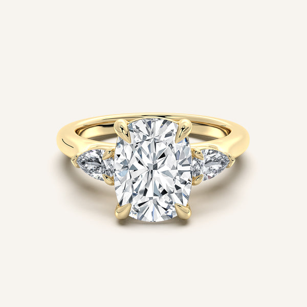 Cushion Cut Pear Shape Side Stone Ring | 18k Yellow Gold