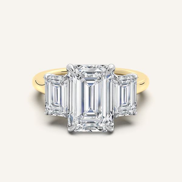 Three Stone Emerald Cut Engagement Ring | 18k Two Tone Gold