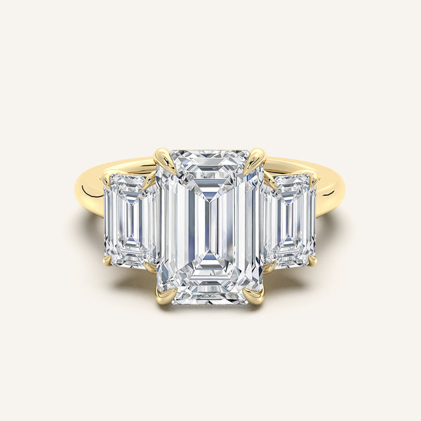 Three Stone Emerald Cut Engagement Ring | 18k Yellow Gold