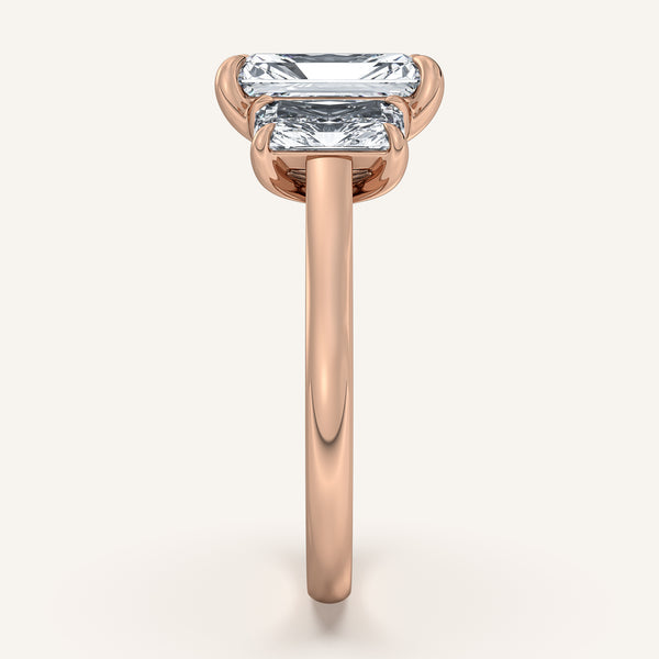 Three Stone Radiant Cut Engagement Ring | 14k Rose Gold