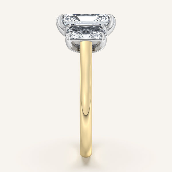 Three Stone Radiant Cut Engagement Ring | 18k Two Tone Gold
