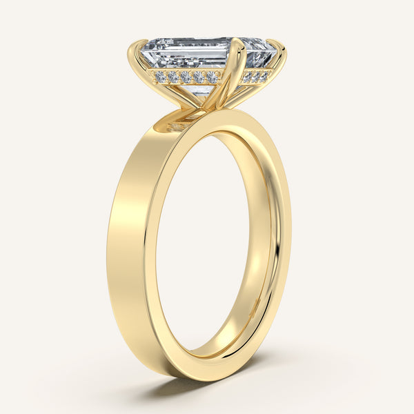 Emerald Cut Wide Band Hidden Halo Ring | 14k Yellow Gold