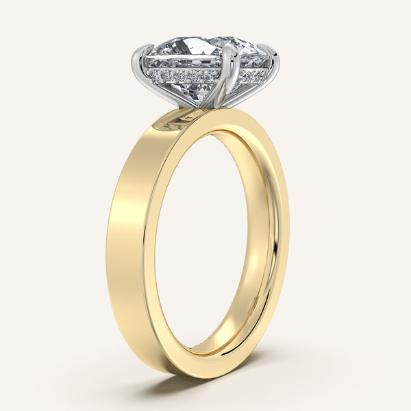 Cushion Cut Wide Band Hidden Halo Ring | 18k Two Tone Gold