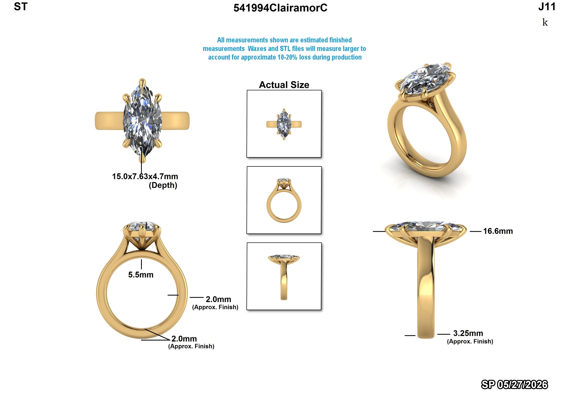 Yellow gold engagement ring with marquise lab-grown diamond, detailed dimensions and views shown
