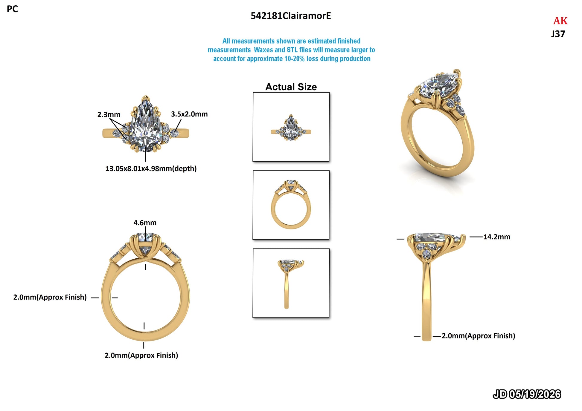 Lab-grown diamond engagement ring with pear-cut center stone, gold band, and side accents, shown with measurements